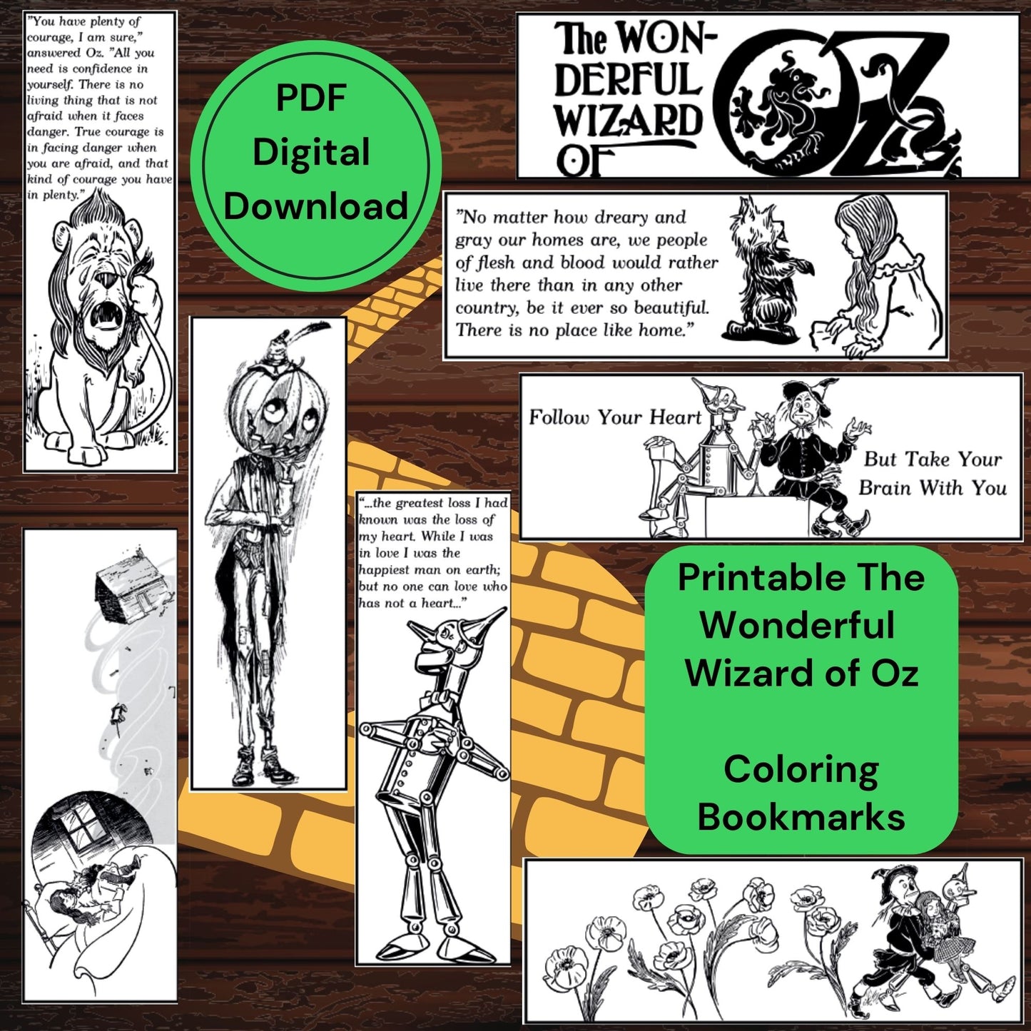 The Wonderful Wizard of Oz Printable Coloring Bookmarks - Instant PDF Download