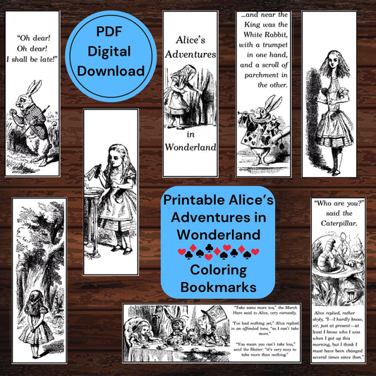 Alice in Wonderland Printable Coloring Bookmarks - Instant PDF Download